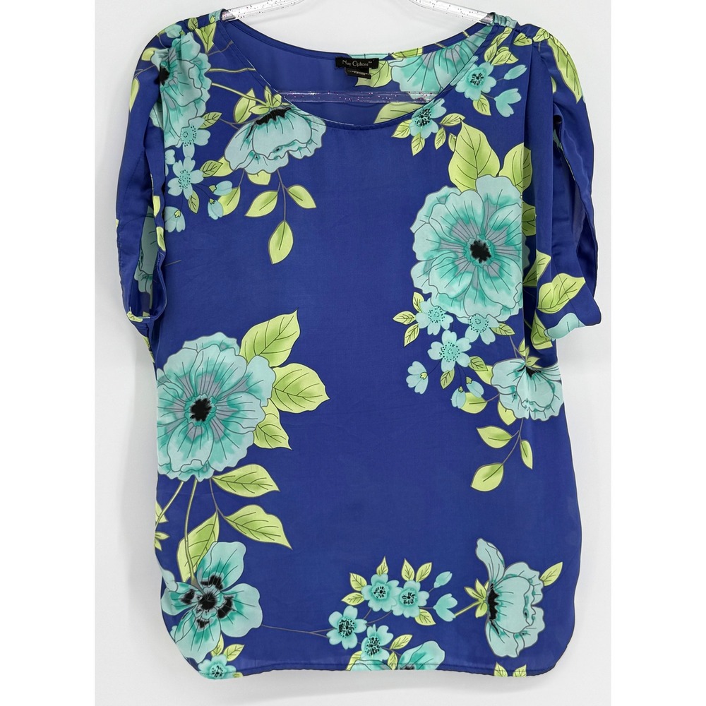 Nue Options Womens Blue Floral Split Sleeve Scoop Neck Blouse Top Sz S